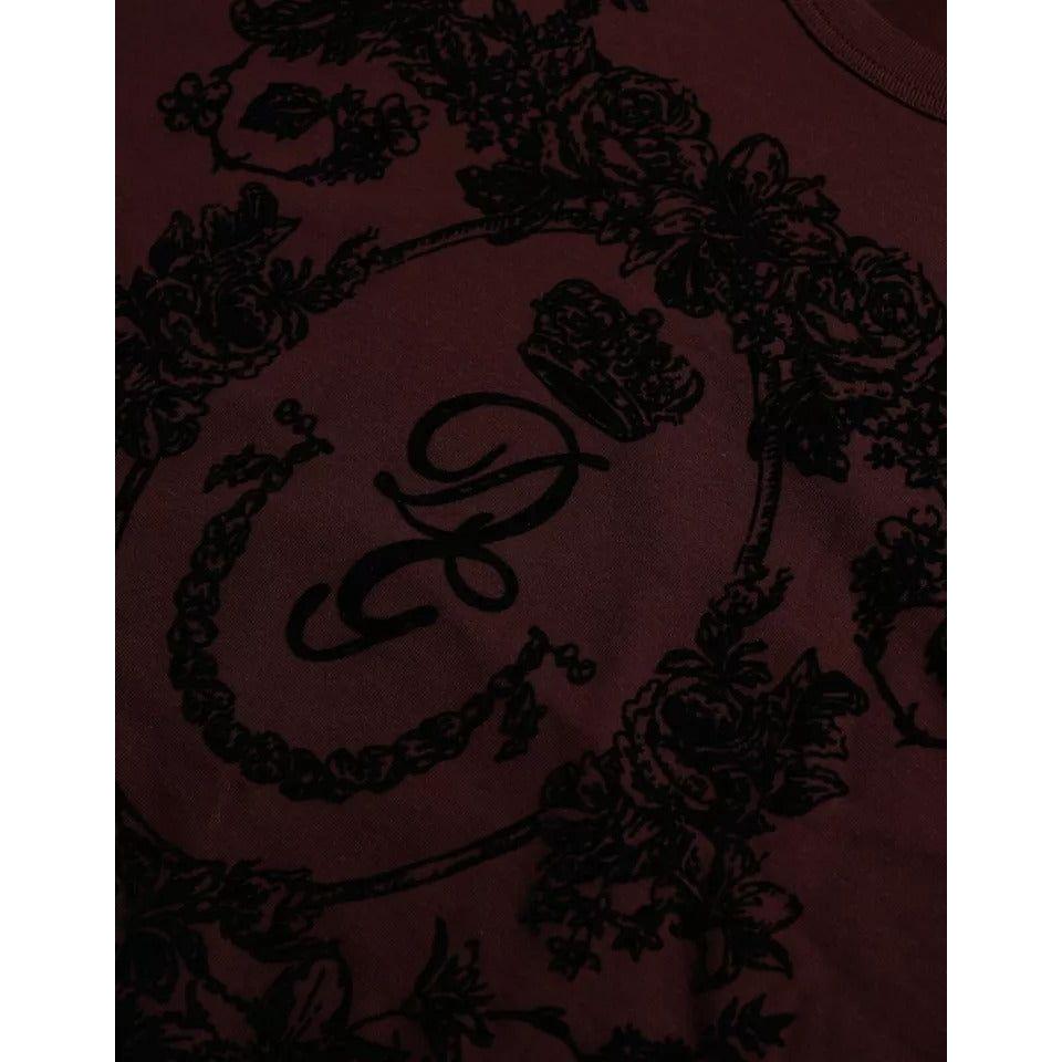 Dolce & Gabbana Maroon DG Crown Floral Crewneck Men T-shirt