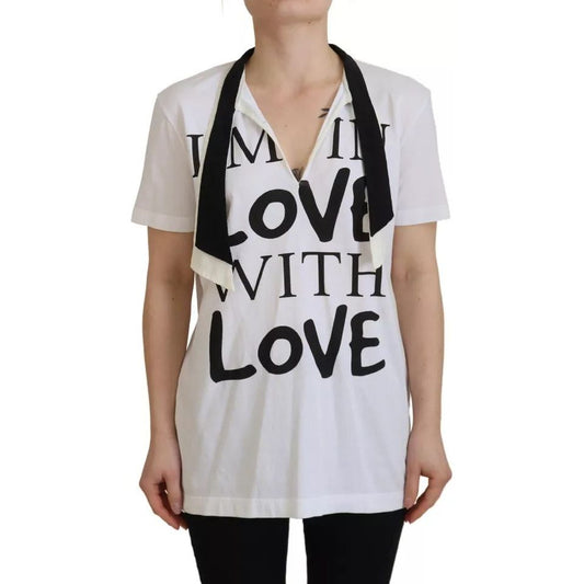 Dolce & Gabbana White Cotton Printed Ascot Collared T-shirt TSH83003-40