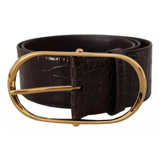 Dolce & Gabbana Brown Crocodile Pattern Leather Gold Oval Buckle Belt