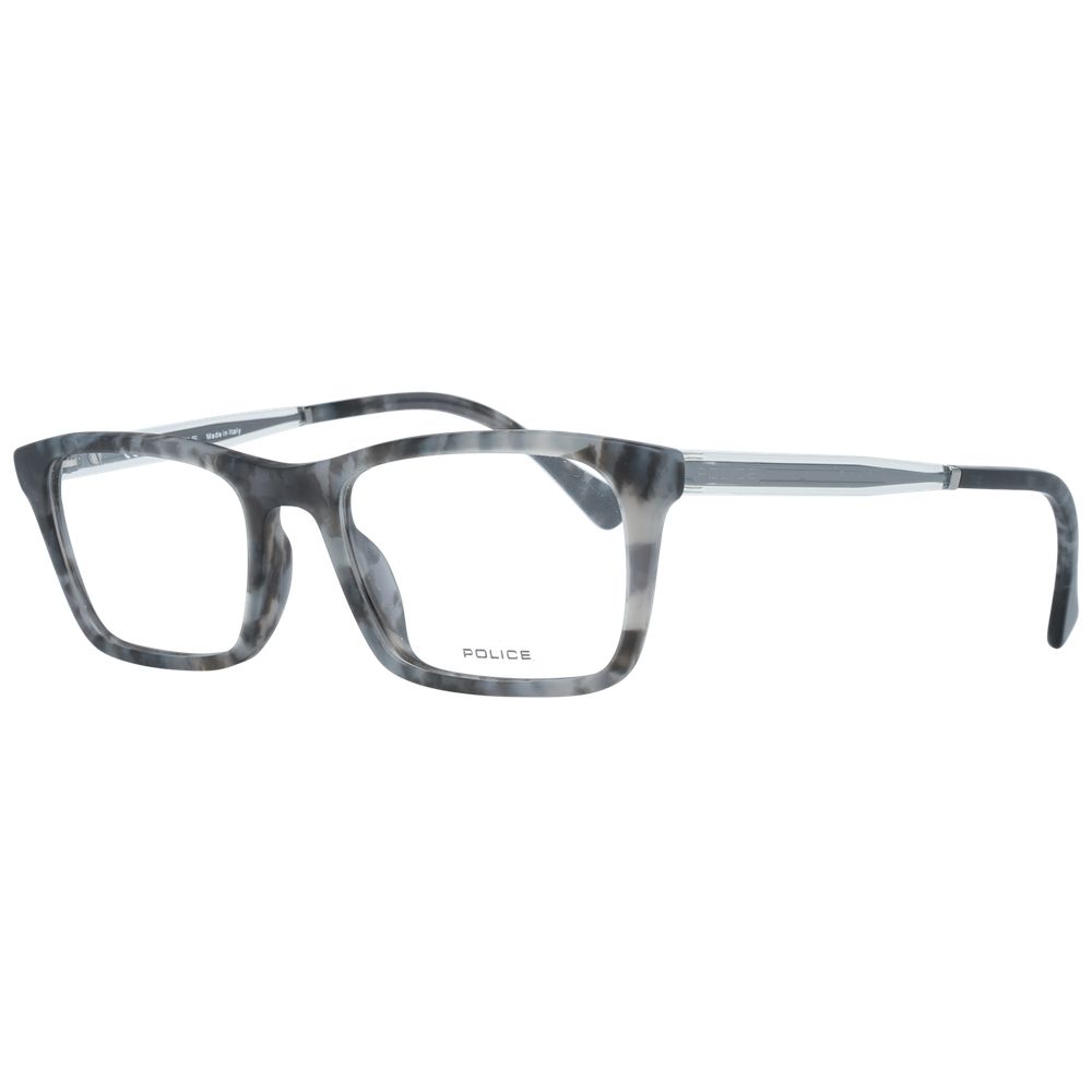 Police Gray Men Glasses Frame, full-rim plastic design, grey color, size 52-19-145, includes branded case, high-quality eyewear.