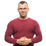 Man wearing Ermenegildo Zegna Black Men Glasses Frame, half-rim, metal, 55-17-145 dimensions, black color, with a branded case.