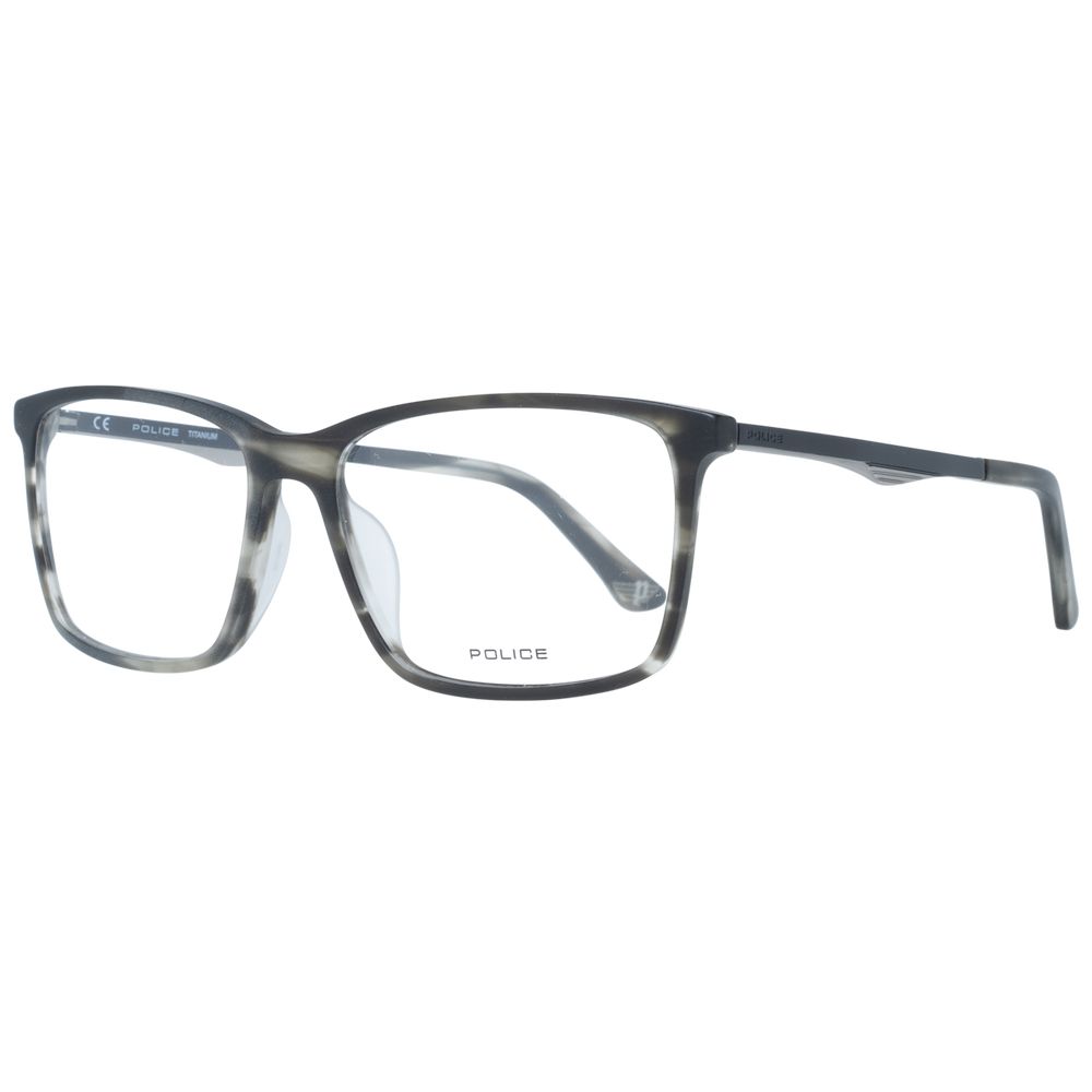 Police Gray Men Glasses Frame in full-rim rectangle style, grey plastic frame, demo lenses, size 54-15-140 with branded case.
