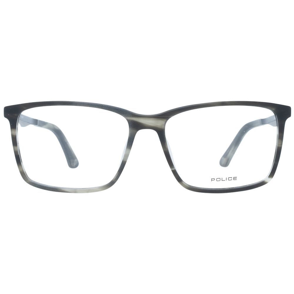 Police Gray Men Glasses Frame with full-rim rectangle design, plastic material, grey color, size 54-15-140, includes branded case.