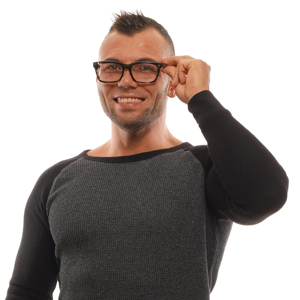 Man wearing Ermenegildo Zegna Gray Men Glasses Frame, grey sweater, smiling, adjusting glasses, isolated on white background.
