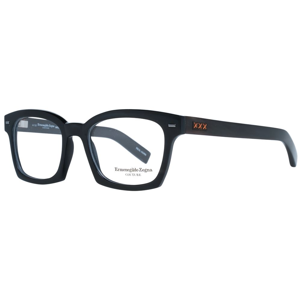Alt Tag: Ermenegildo Zegna Black Men Glasses Frame in full-rim trapezium style with horn material and demo lenses, includes branded case.