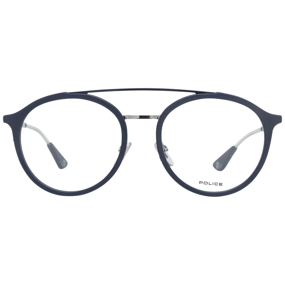 Police Gray Men Glasses Frame in full-rim aviator style with grey metal and plastic frame, demo lenses, and branded case included.