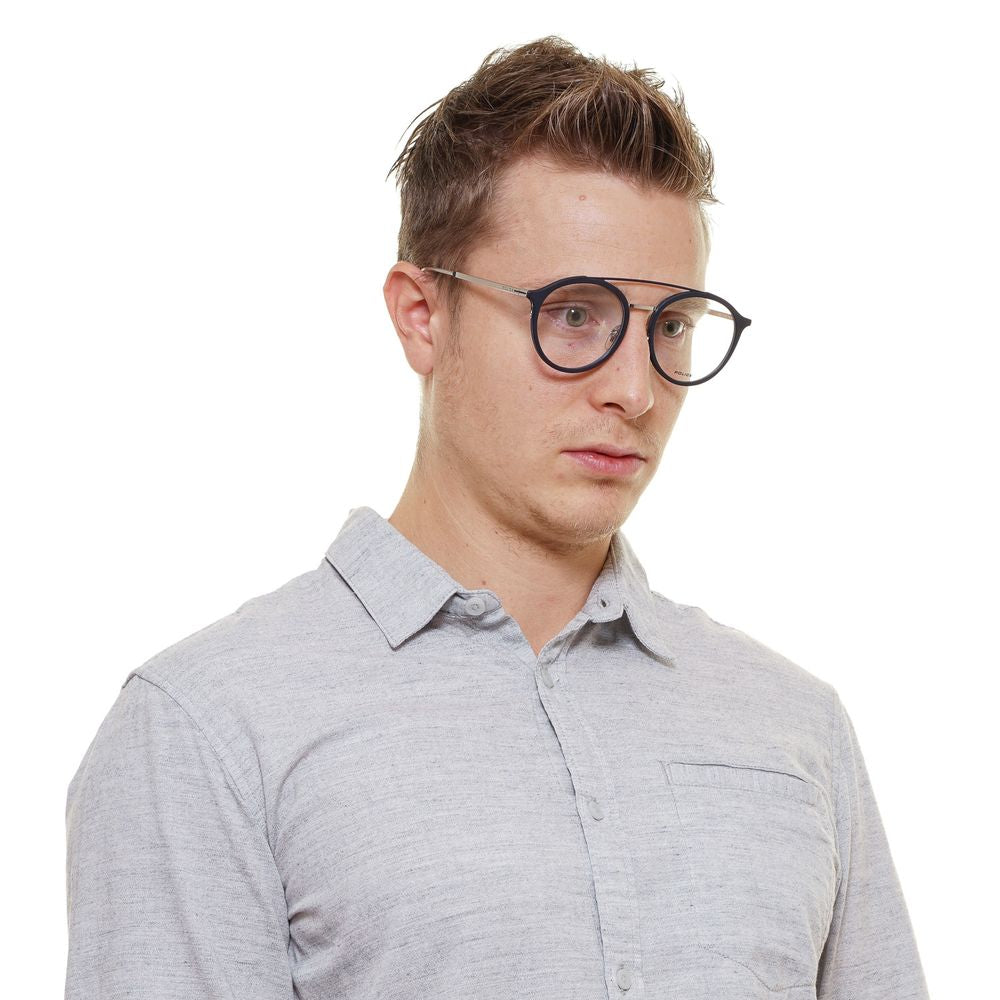 Police Gray Men Glasses Frame, grey full-rim aviator style for men, with metal and plastic construction, worn by model.