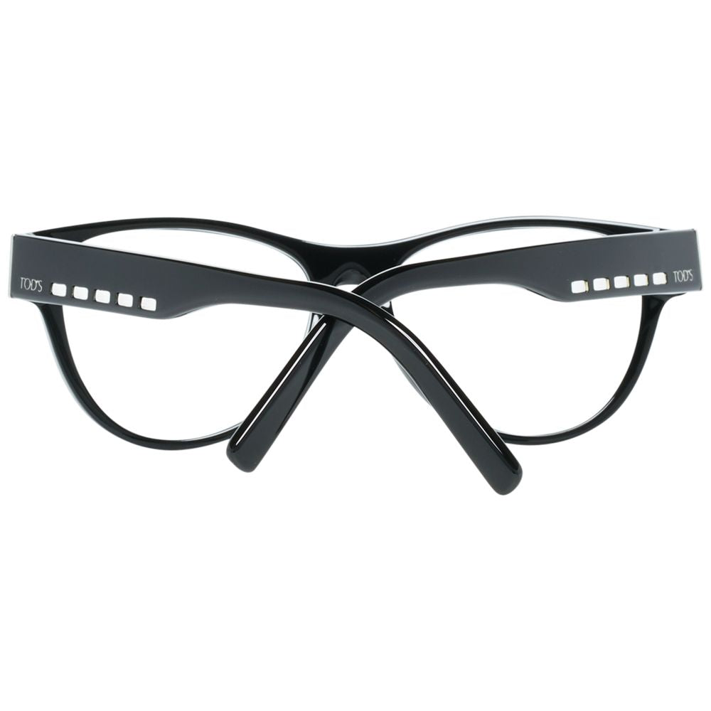 Tod's Black Women Glasses Frame in full-rim round style with plastic material and spring hinges, featuring demo lenses and branded case.