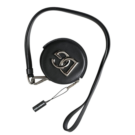 Dolce & Gabbana Black Round Leather DG Logo Coin Purse Lanyard Wallet SMY10334