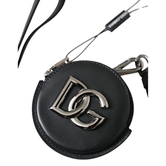 Dolce & Gabbana Black Round Leather DG Logo Coin Purse Lanyard Wallet SMY10334