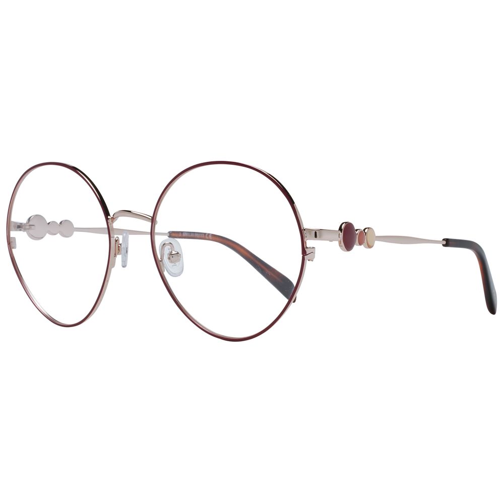 Emilio Pucci Red Women Glasses Frame with metal full-rim round style, demo lenses, and branded case included.