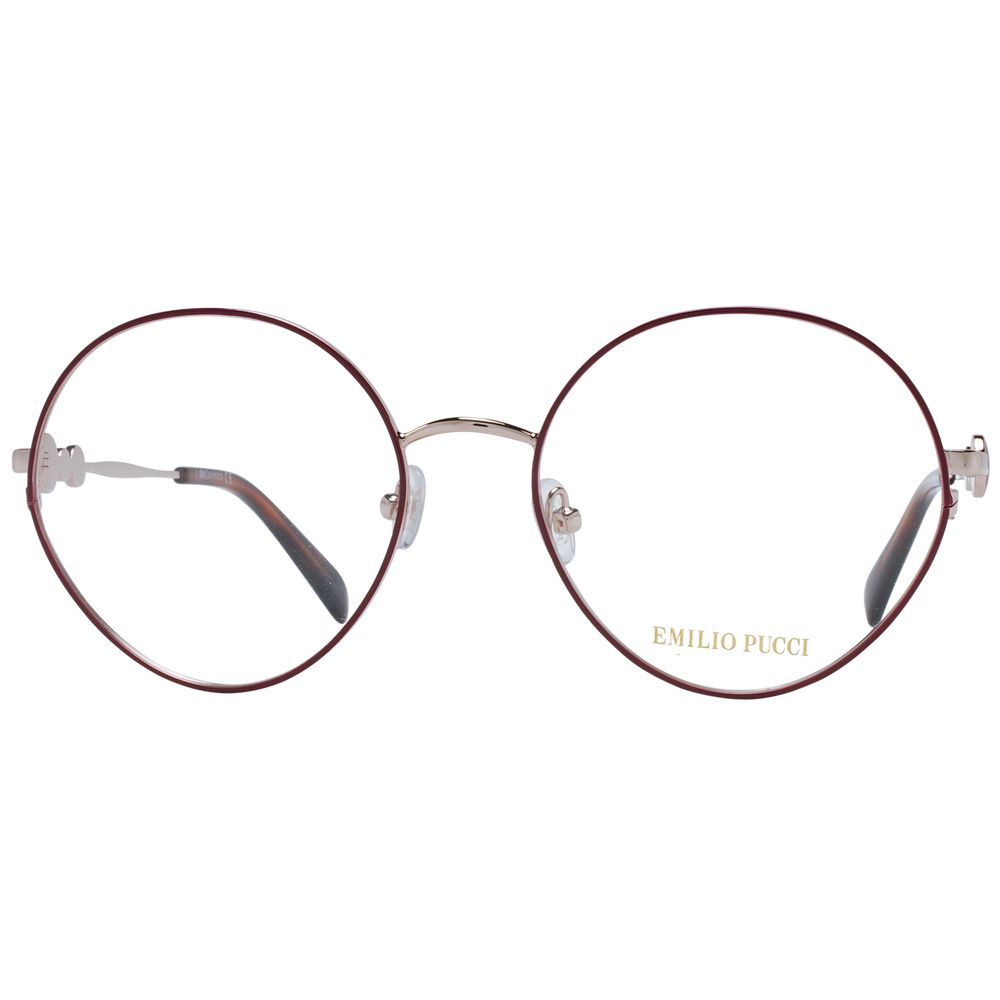Emilio Pucci Red Women Glasses Frame, full-rim round metal frame with demo lenses, includes branded case.