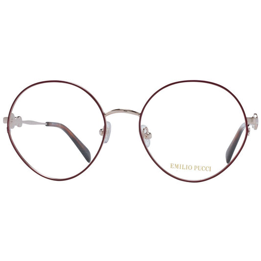 Emilio Pucci Red Women Glasses Frame, full-rim round metal frame with demo lenses, includes branded case.