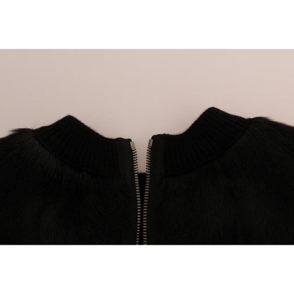 Dolce & Gabbana Black Fur Floral Brocade Zipper Sweater