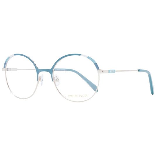 Emilio Pucci Turquoise Women Glasses Frame, full-rim metal, round style with demo lenses, size 51-19-140, includes branded case.