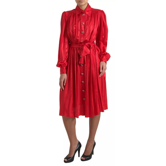Dolce & Gabbana Red Button Down Belted Midi Satin Silk Dress DR28739 - 44