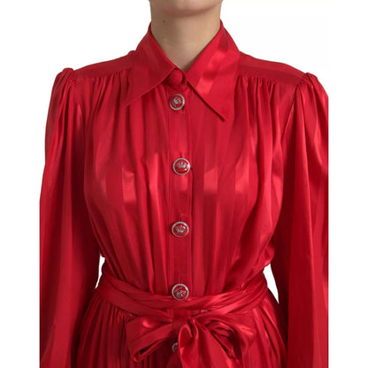 Dolce & Gabbana Red Button Down Belted Midi Satin Silk Dress