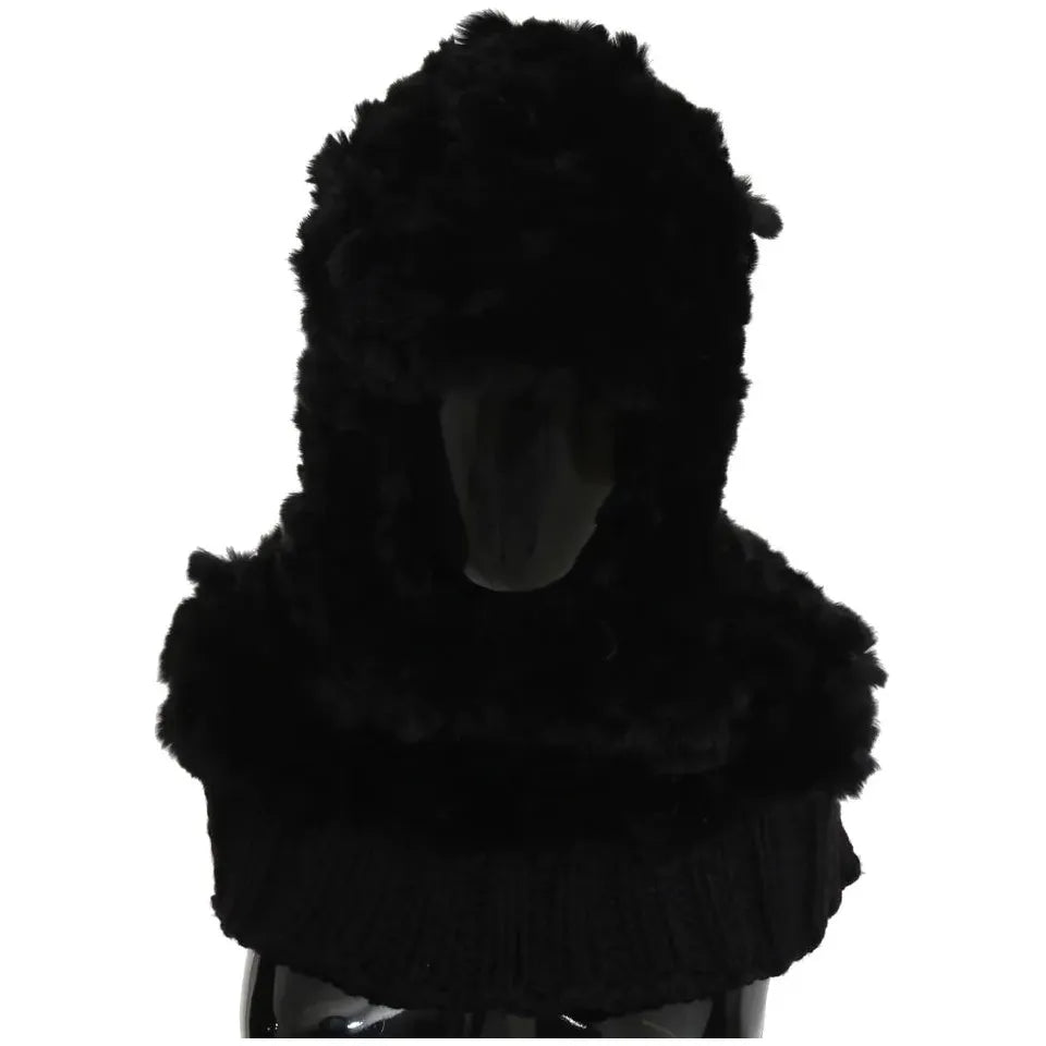 Dolce & Gabbana Black Silver Fox Fur Cashmere Hooded Scarf HAT70078