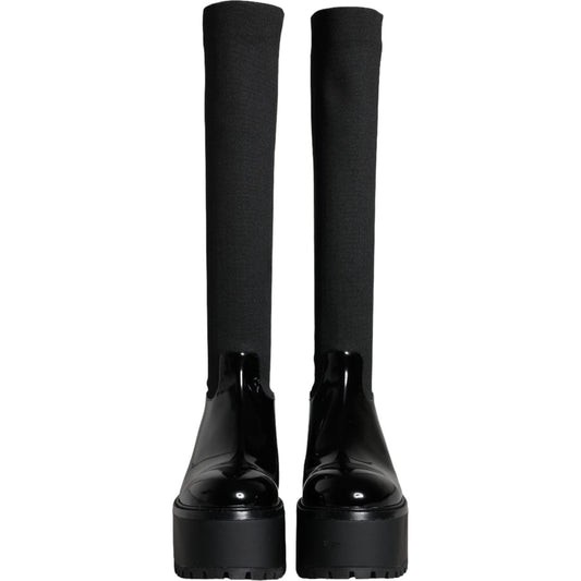 Dolce & Gabbana Black Leather Jersey Knee High Boots Shoes LA11270-39