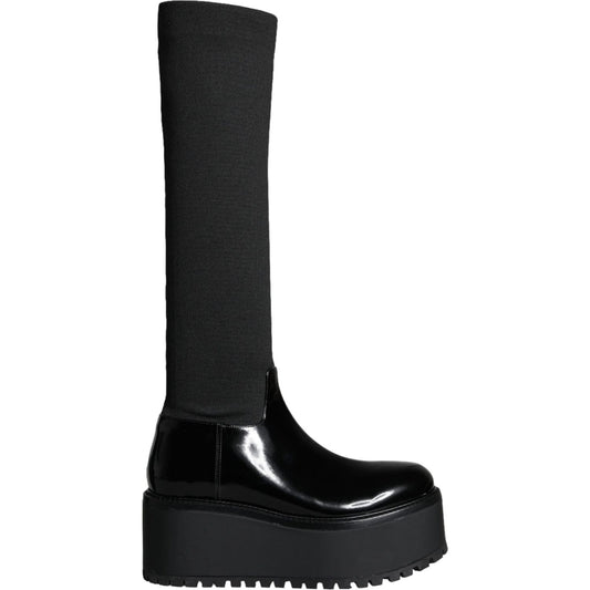 Dolce & Gabbana Black Leather Jersey Knee High Boots Shoes LA11270-39