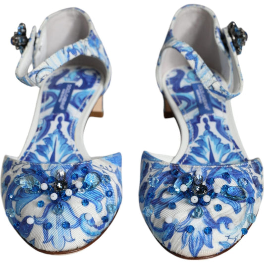 Dolce & Gabbana White Blue Majolica Print Ankle Strap Sandals Shoes LA11626-35