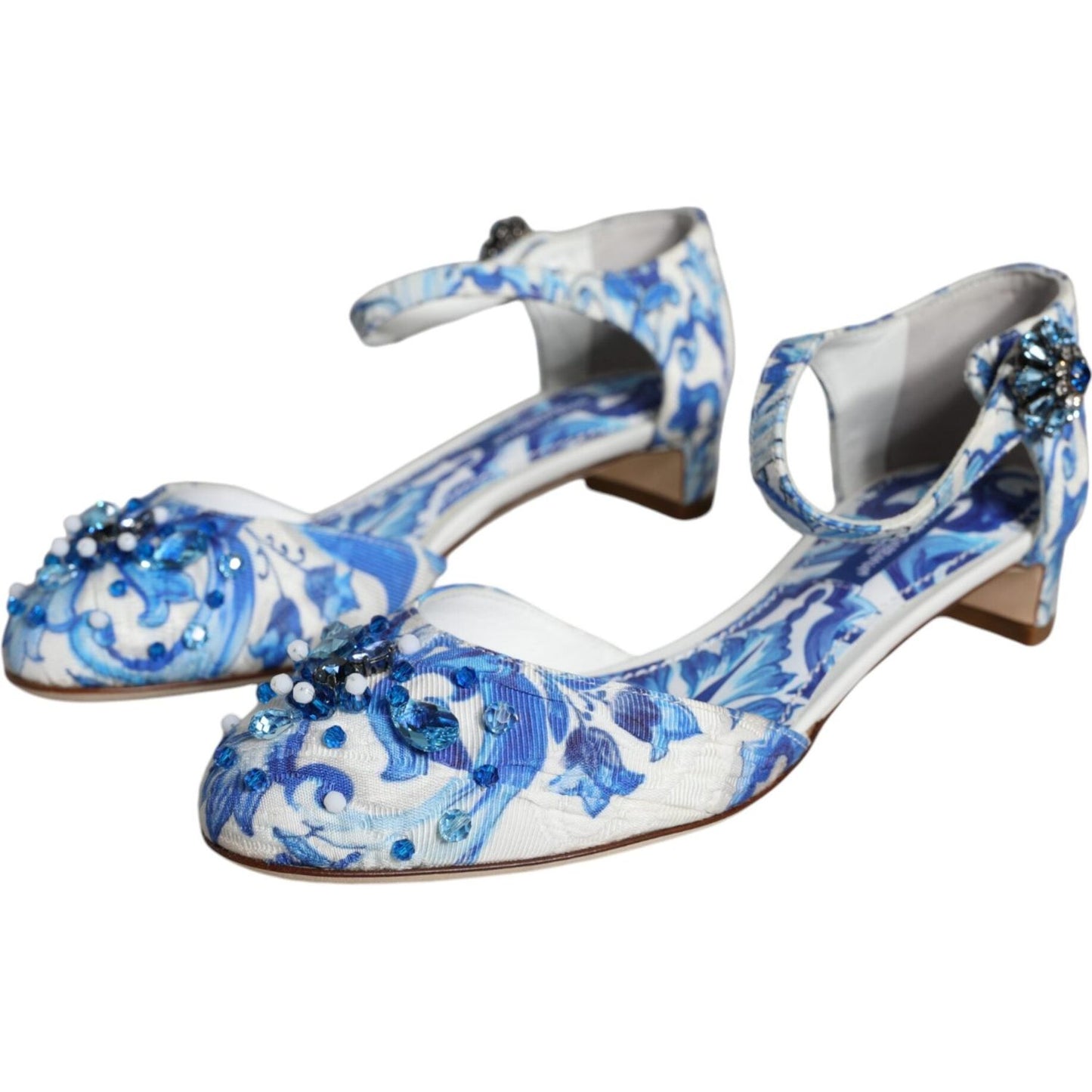 Dolce & Gabbana White Blue Majolica Print Ankle Strap Sandals Shoes LA11626-35