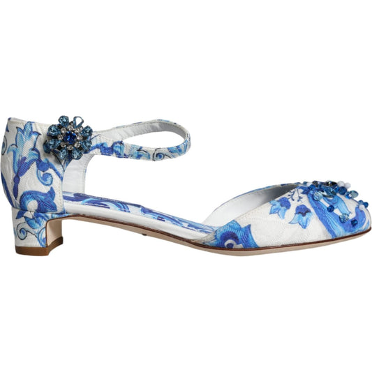 Dolce & Gabbana White Blue Majolica Print Ankle Strap Sandals Shoes LA11626-35