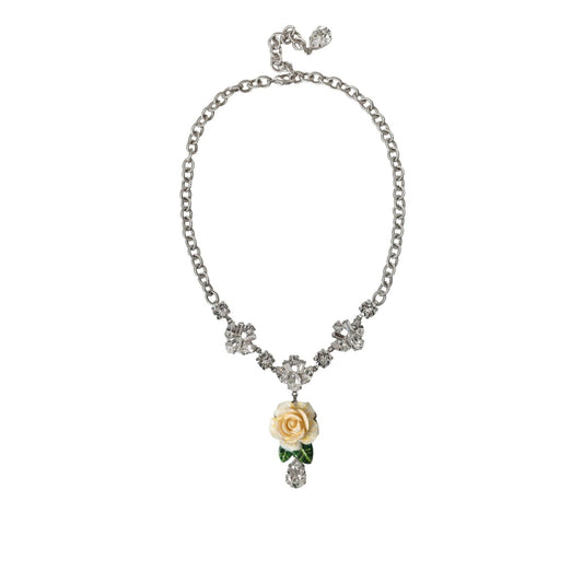 Dolce & Gabbana Silver Brass Clear Crystal Roses Pendants Necklace