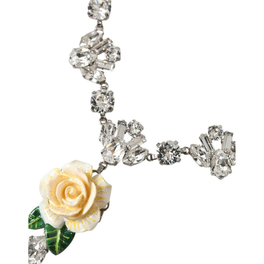 Dolce & Gabbana Silver Brass Clear Crystal Roses Pendants Necklace