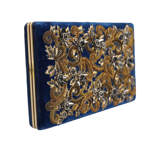 Dolce & Gabbana Blue Velvet Gold Frame Clutch Evening Party Purse Bag BAG1527