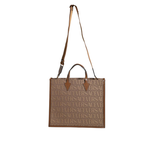 Versace Brown Top Handle Jacquard Leather Logo Crossbody Tote Bag BAG1593
