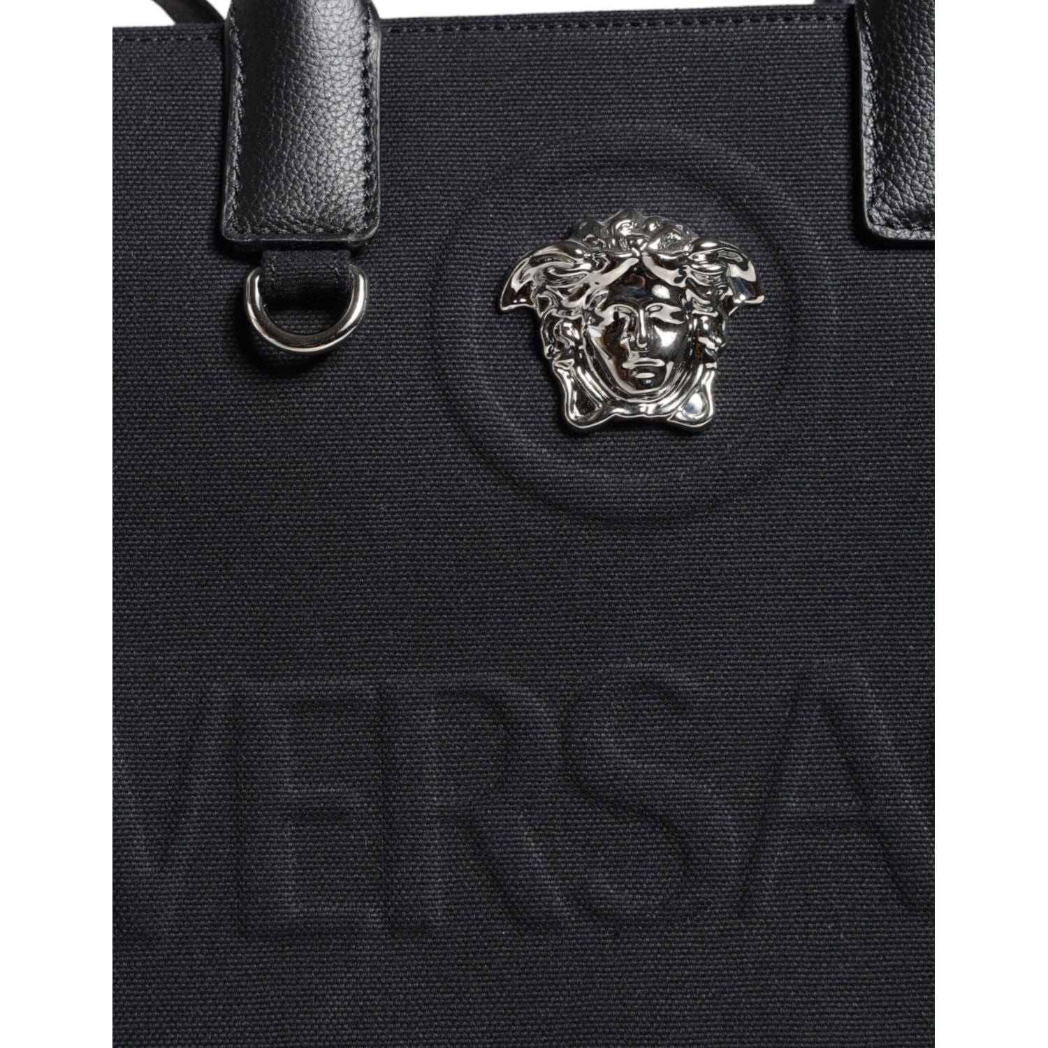 Versace Black Top Handle Canvas Leather Logo Crossbody Tote Bag