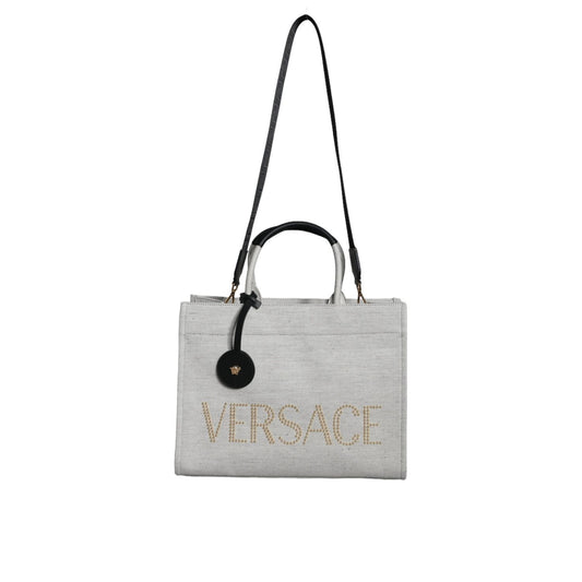 Versace White Top Handle Canvas Leather Logo Crossbody Tote Bag BAG1598