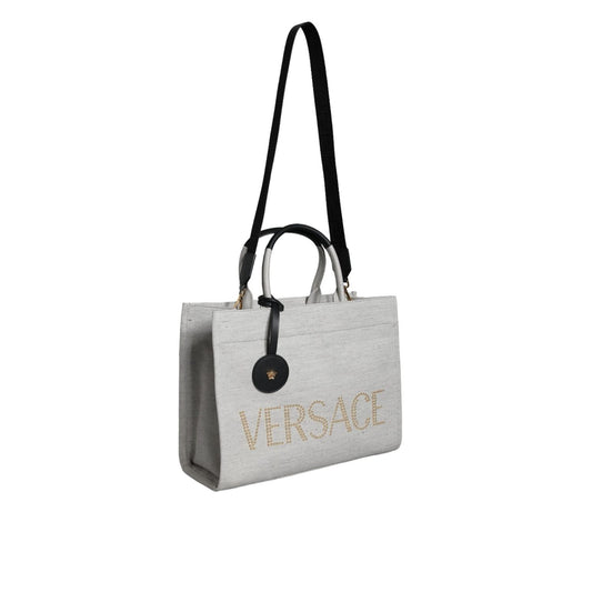 Versace White Top Handle Canvas Leather Logo Crossbody Tote Bag BAG1598