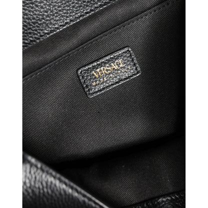 Versace Black Top Handle Grainy Calfskin Leather Crossbody Bag