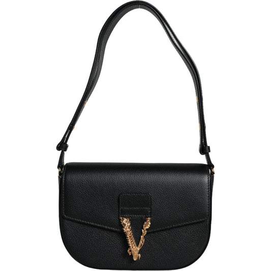 Versace Black Grainy Calf Leather Logo Crossbody Shoulder Bag BAG1612