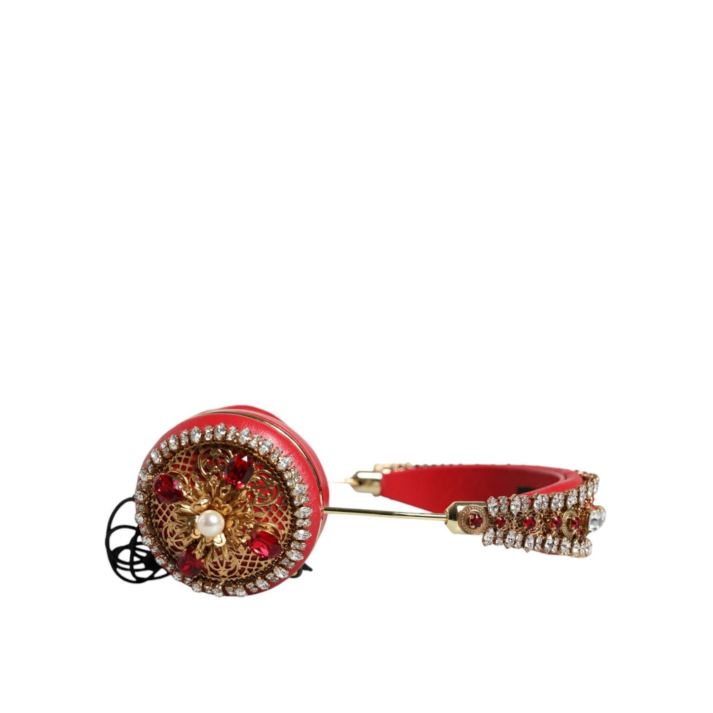 Dolce & Gabbana Red Nappa Leather Floral Crystal Headphone