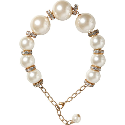 Dolce & Gabbana White Maxi Faux Pearl Beads Crystals Gold Chain Necklace