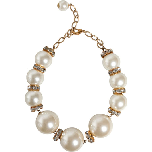 Dolce & Gabbana White Maxi Faux Pearl Beads Crystals Gold Chain Necklace