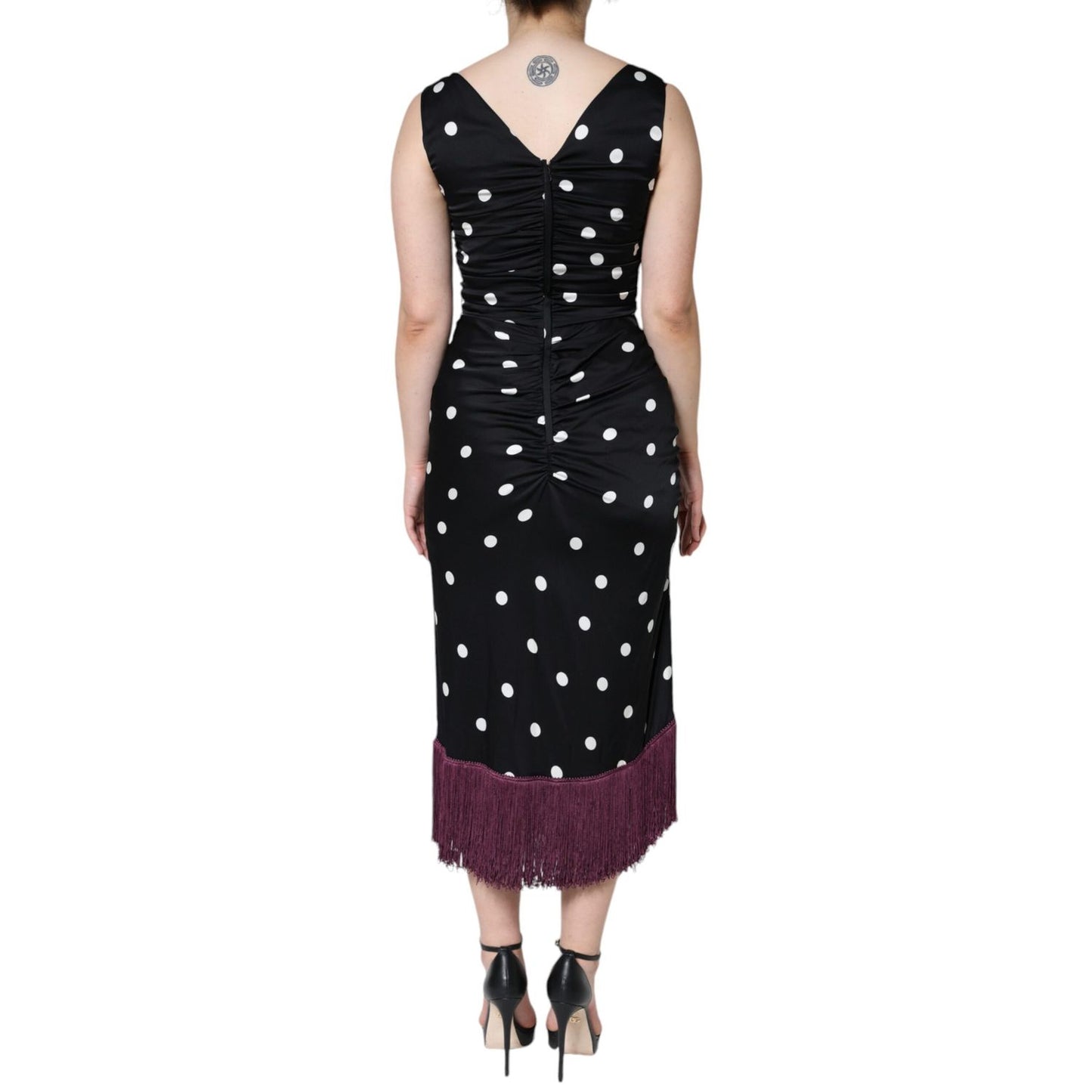 Dolce & Gabbana Black Silk Polka Dot V-neck Tassel Midi Dress