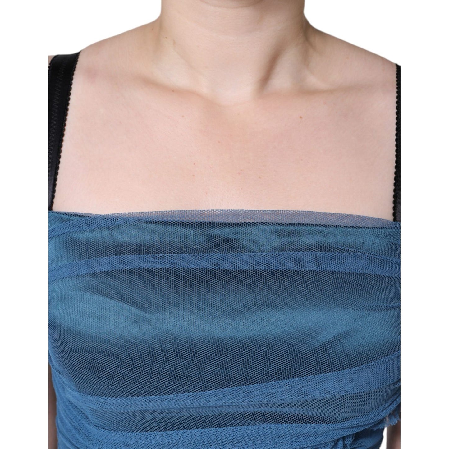 Dolce & Gabbana Blue Mesh Trim Ruched Tulle Sheath Dress