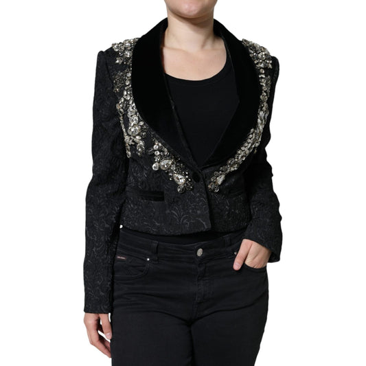 Dolce & Gabbana Black Jacquard Crystal Floral Jacket Blazer JKT4088-44