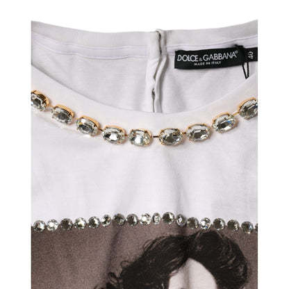 Dolce & Gabbana White Crystal Neckline Embellished Printed T-shirt