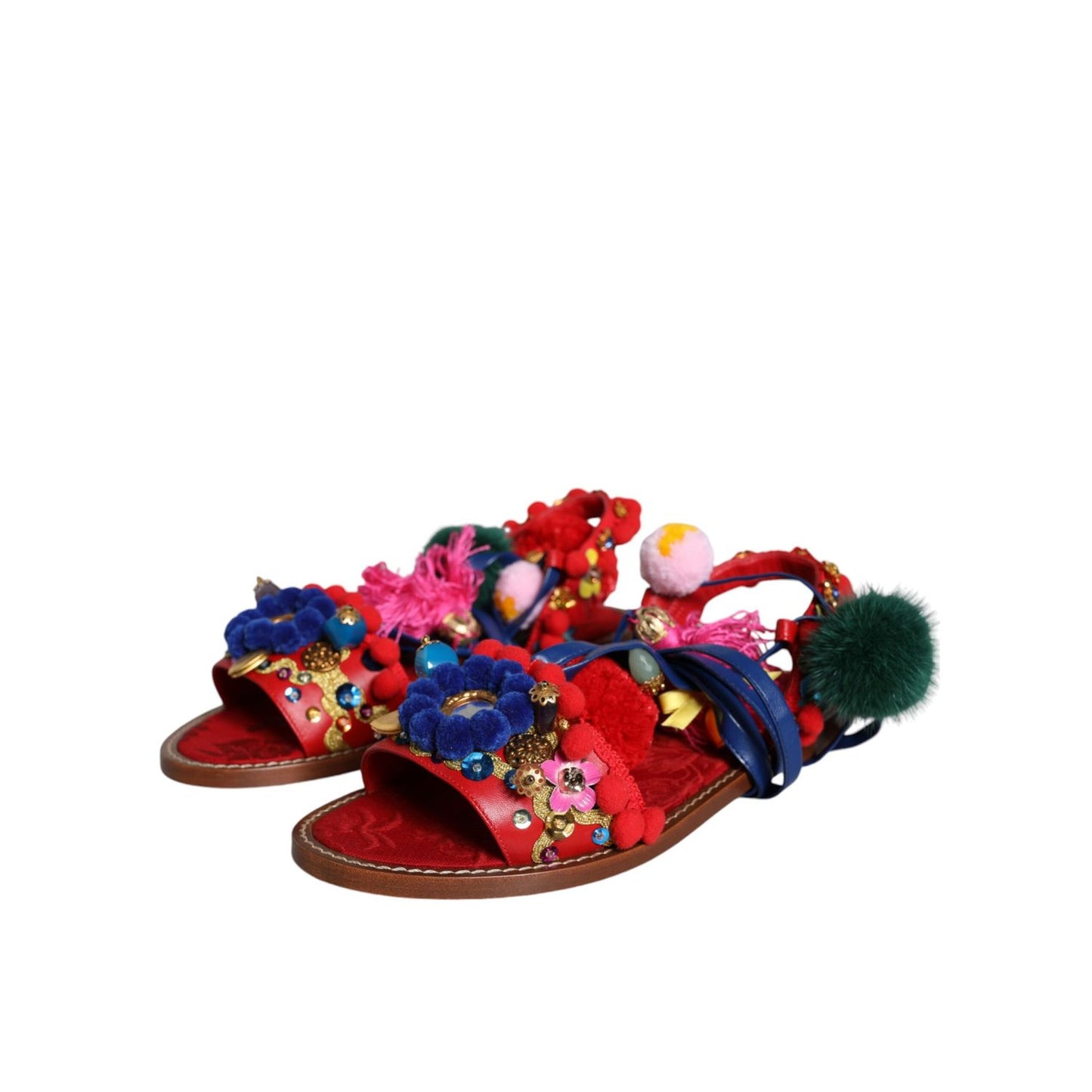 Dolce & Gabbana Multicolor Pom Pom Fur Wrap Sandals Shoes