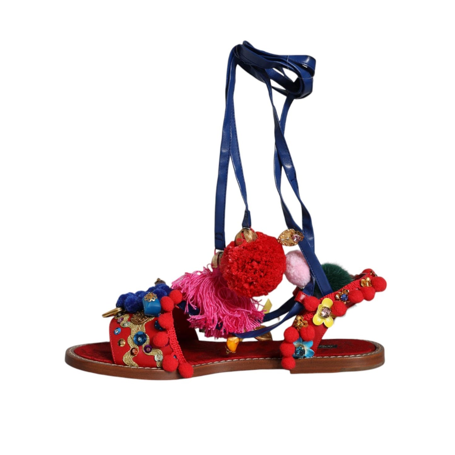 Dolce & Gabbana Multicolor Pom Pom Fur Wrap Sandals Shoes