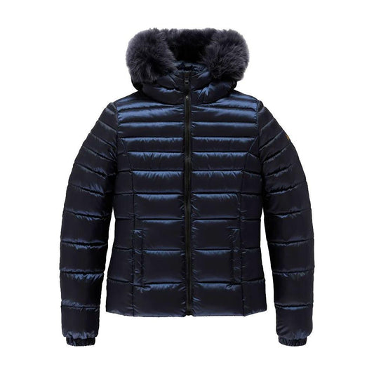 Refrigiwear Blue Nylon Women Jacket with Feather Padding and Fur Hood