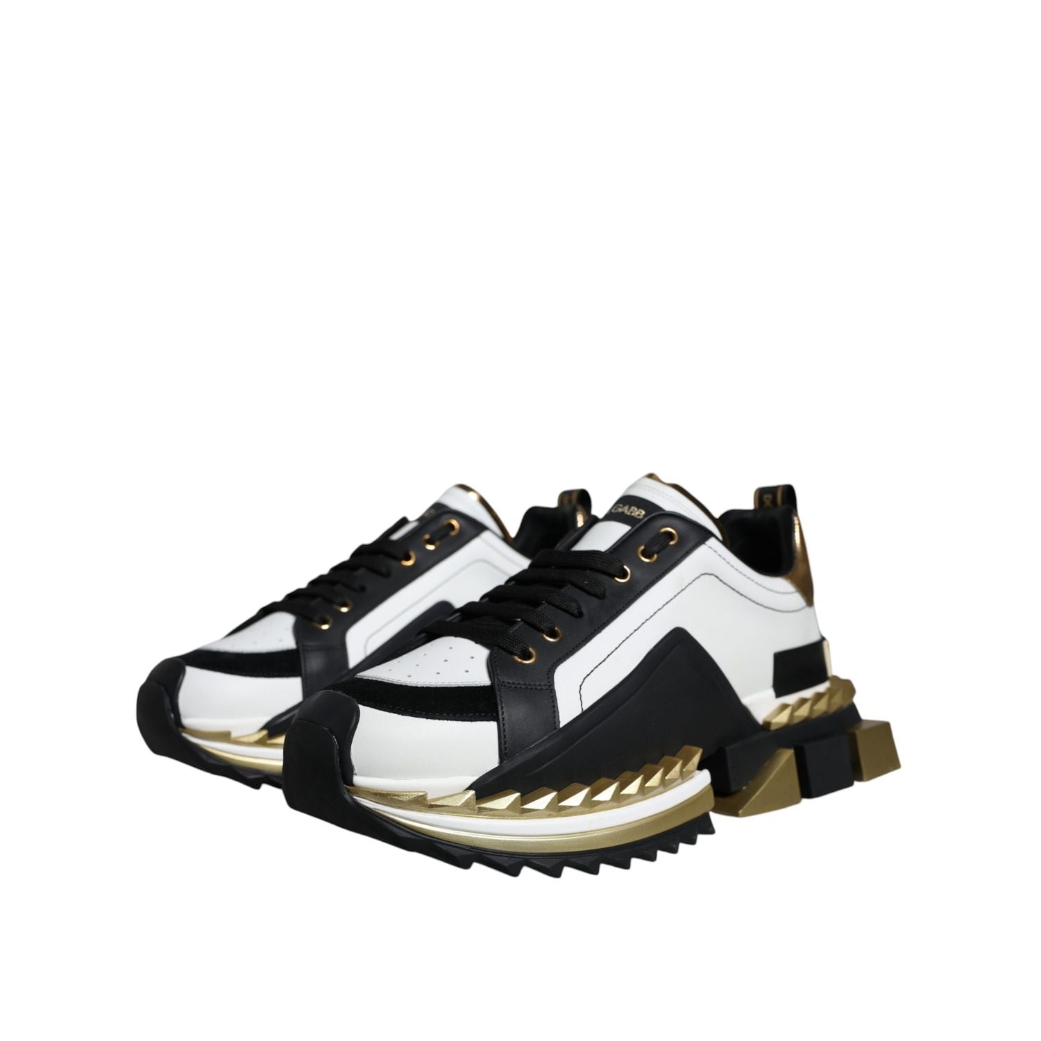 Dolce & Gabbana White Gold Black Leather SUPER KING Sneakers Shoes