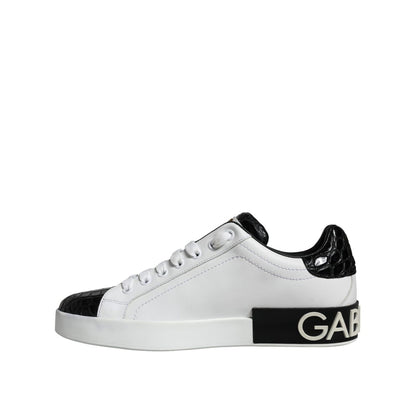 Dolce & Gabbana Black Leather Logo Portofino Sneaker Shoes