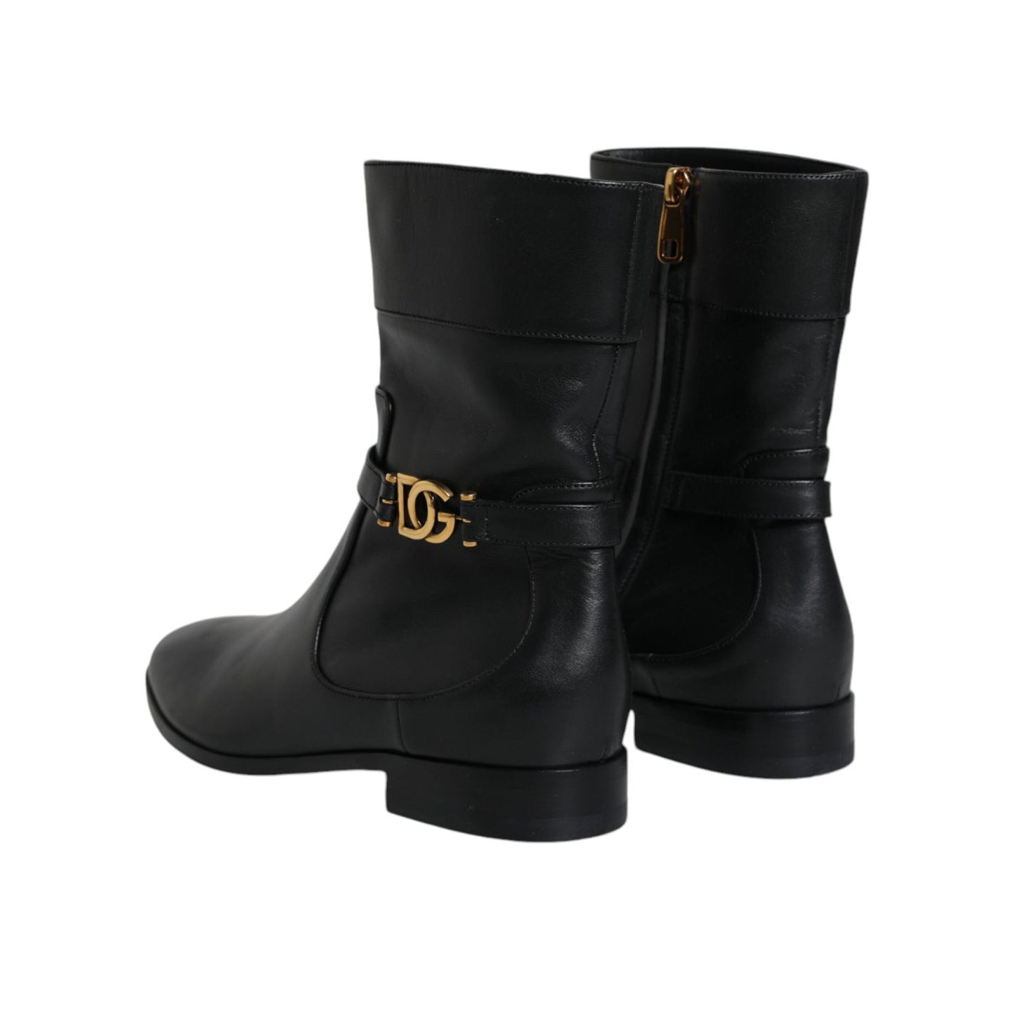 Dolce & Gabbana Black Leather Logo Mid Calf Boots Shoes