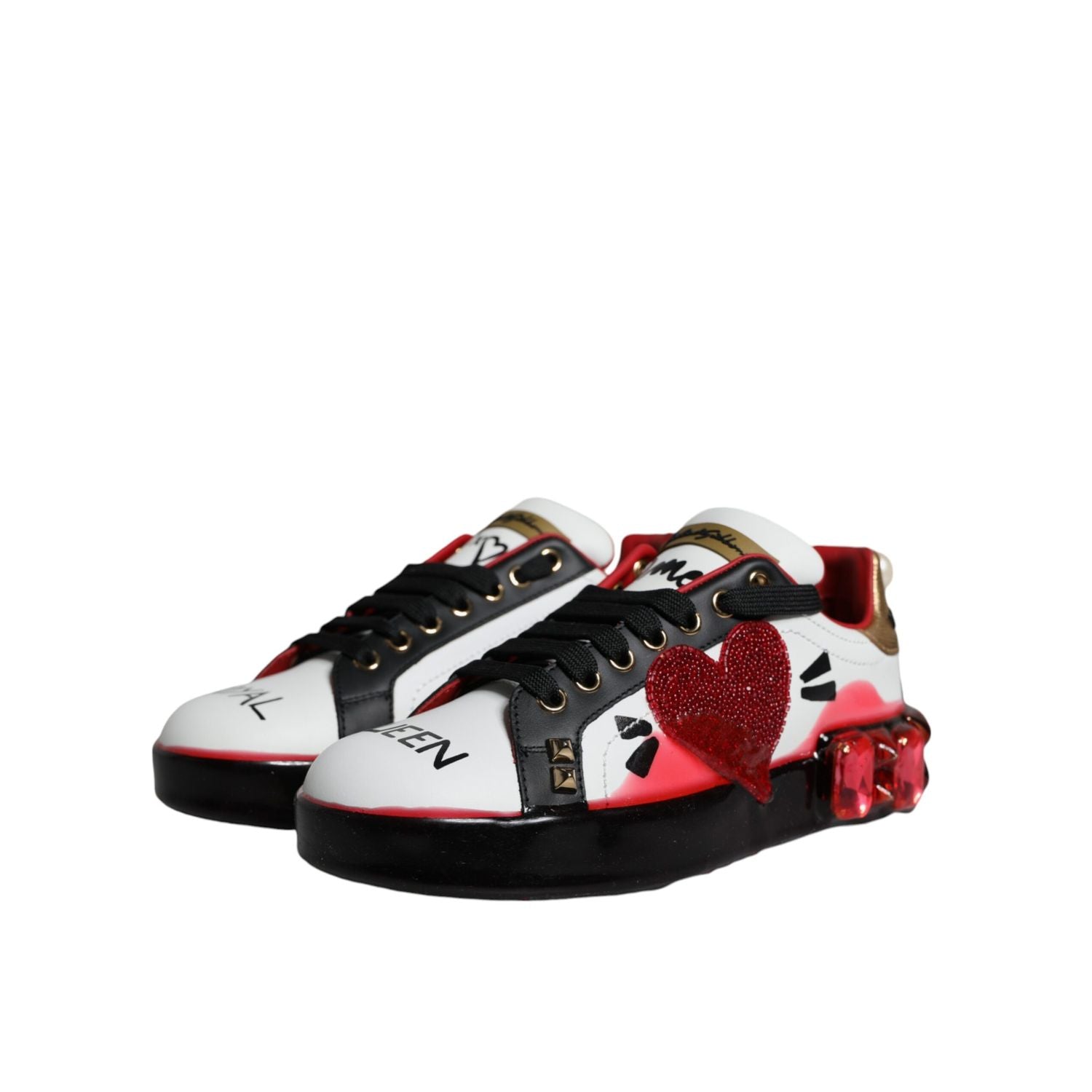 Dolce & Gabbana White Red Crystals Leather Portofino Sneakers Shoes
